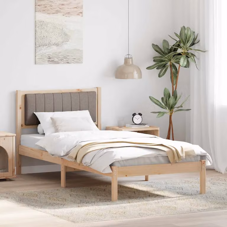 Letto con testiera rivestita vidaXL in pino massello, colore beige/marrone, 90 x 190 cm