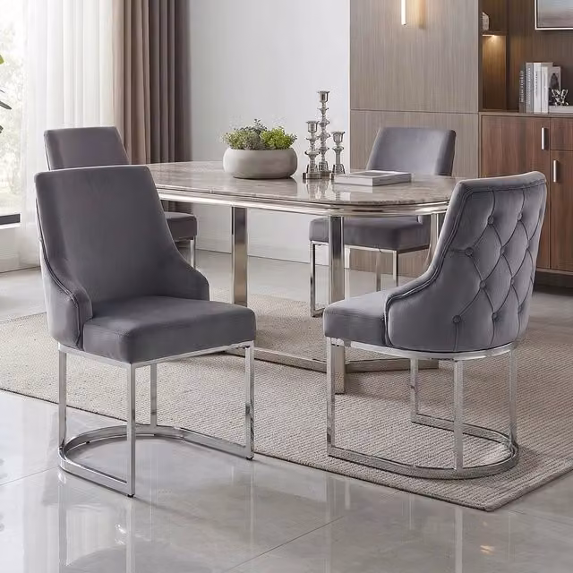 Set 4 sedie da pranzo ¨C Minimal ¨C grigio, velluto, gambe argento, stile moderno, imbottite
