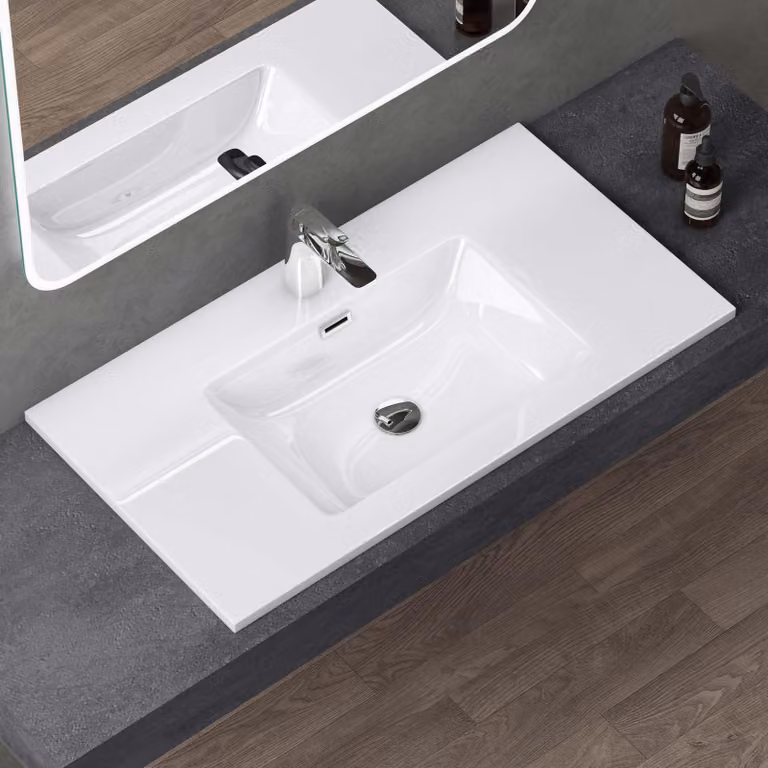 doporro Lavabo Integrale a Incasso Soprapiano 90x48x12 cm Rettangolare in Marmoresina Bianco Lucido, Lavabo Bagno da Appoggio con Foro Rubinetto e Troppopieno Colossum02