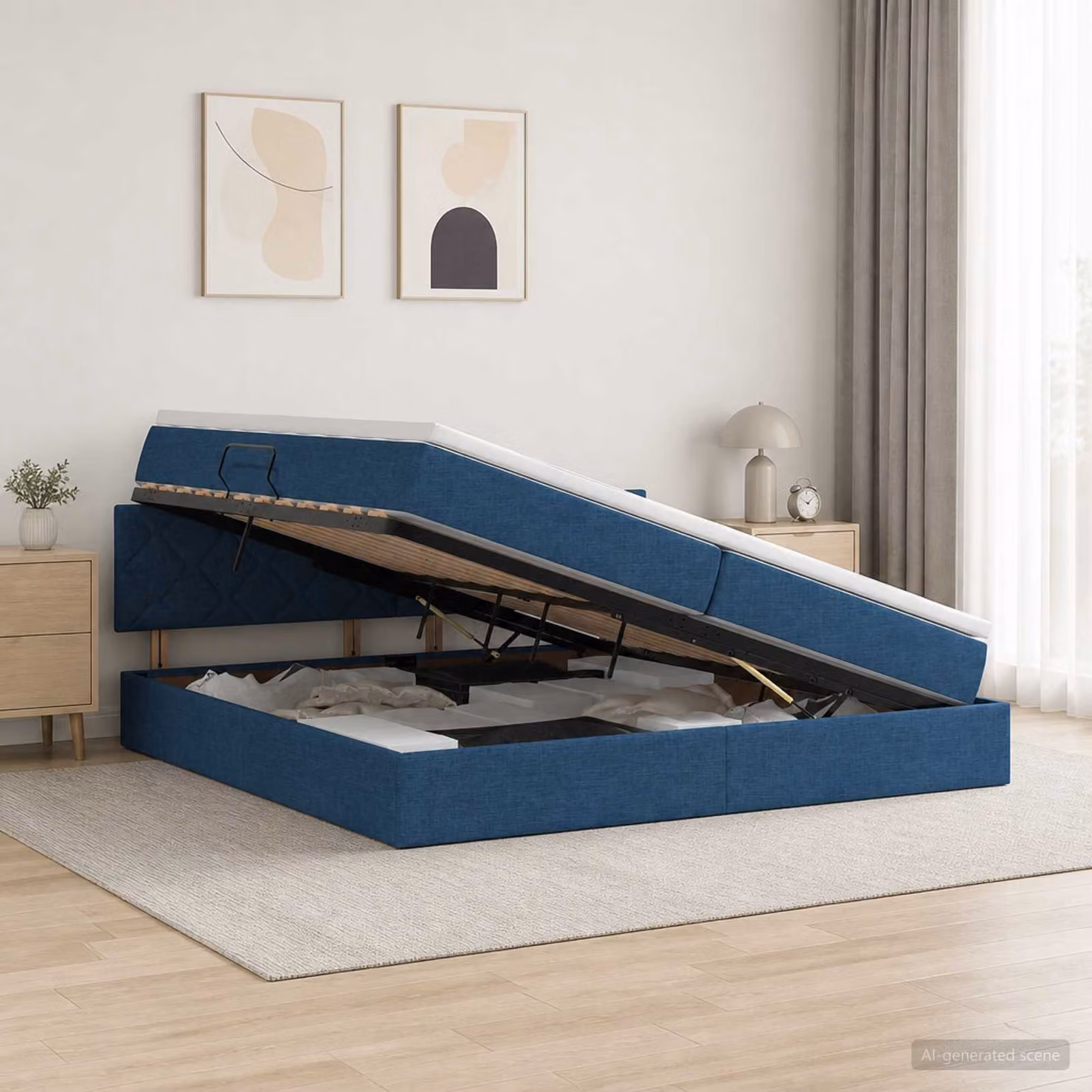Letto con contenitore e materasso ibrido vidaXL in velluto blu, L/P: 200 x 200 cm