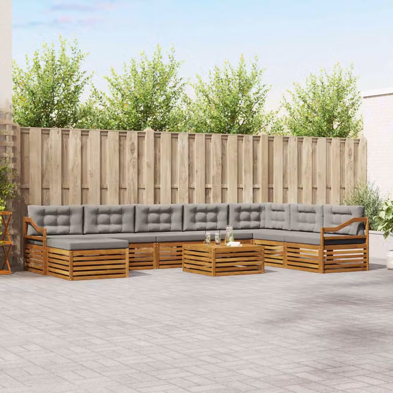 vidaXL Set di divani da esterno a L in legno di acacia con 9 pezzi e cuscini Grigio