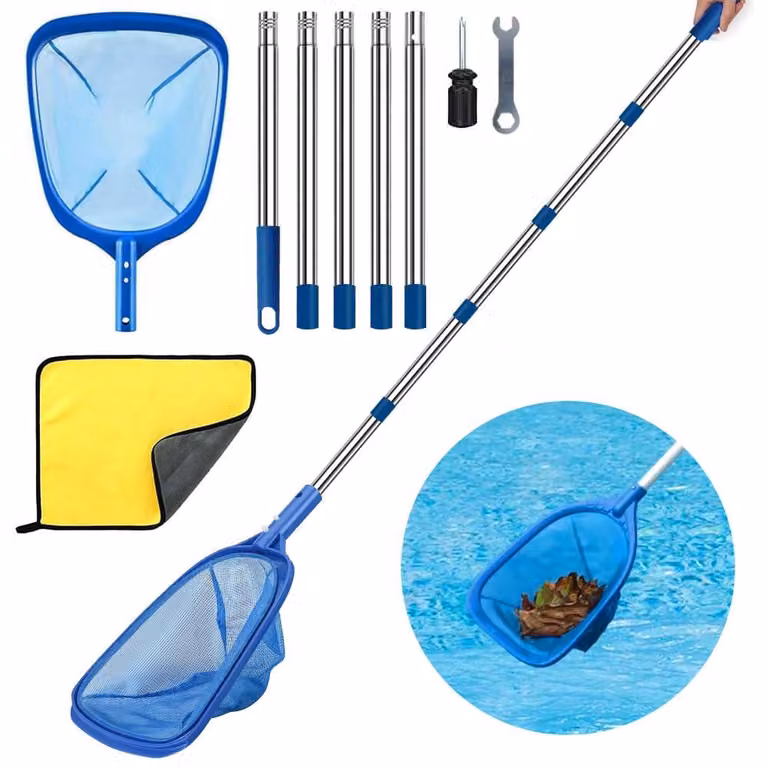 Retino per piscina con manico telescopico, a maglia fine, 215 cm, per la pulizia della piscina