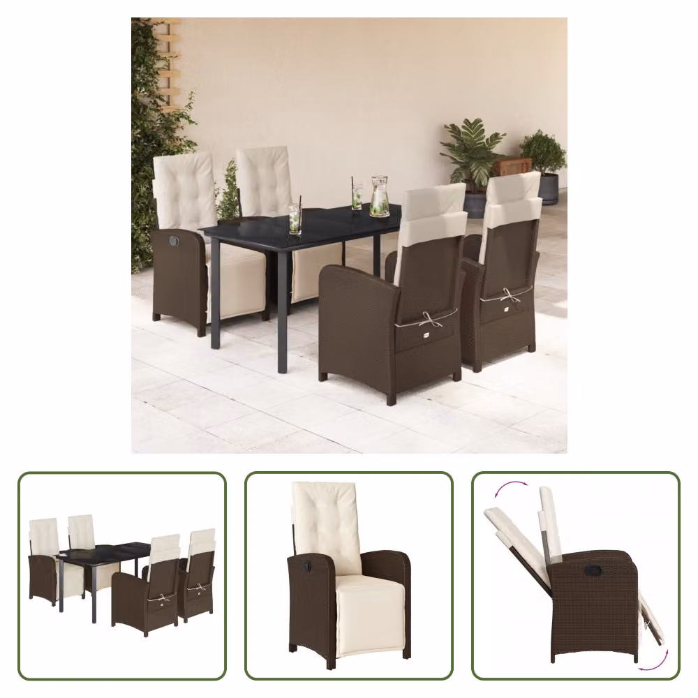 The Living Store Set da pranzo da giardino 5 pezzi con cuscini in polirattan marrone