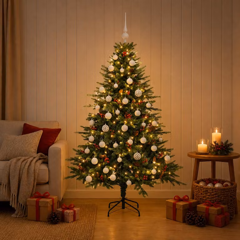Albero di Natale artificiale verde vidaXL con 150 LED luce bianca calda e decorazioni, Altezza: 120 cm