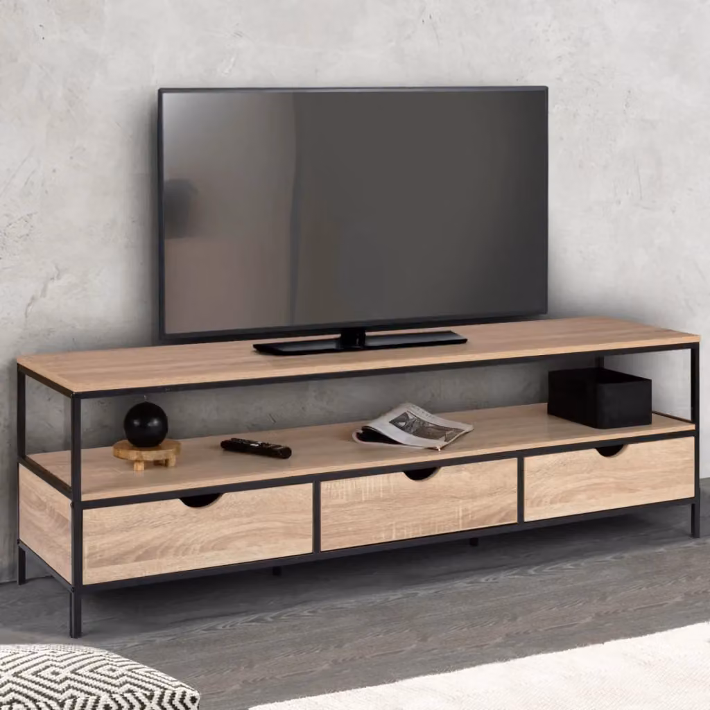 IDMarket Porta TV DETROIT in stile industriale con 3 cassetti, legno e metallo, colore marrone, L: 160 cm, P: 40 cm, H: 50 cm – 2