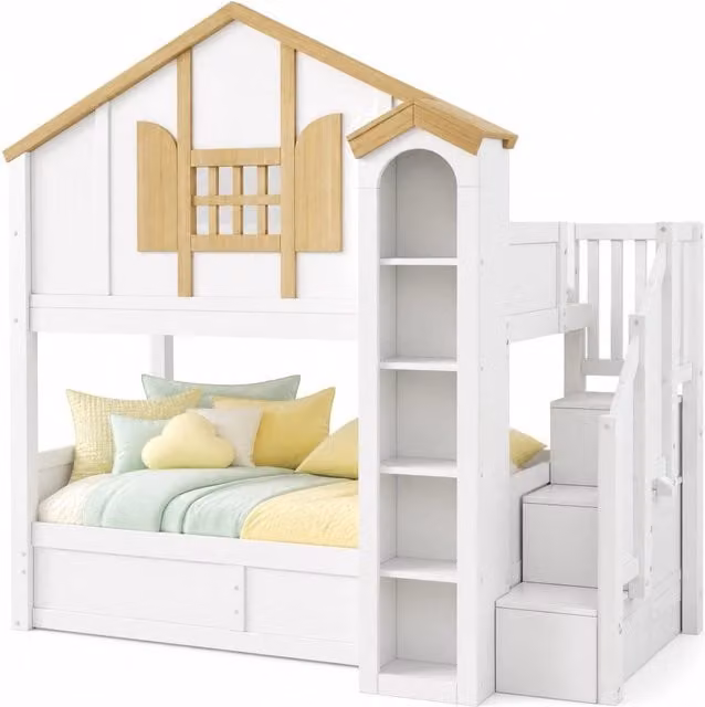 Letto a castello moderno con contenitore a sollevamento, scala in legno e illuminazione LED, colore bianco, dimensioni: 90 x 200 cm per ogni letto