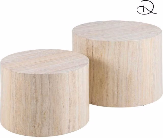 Tavolino Legno Motrik 1-2 Effetto Travertino Beige Tondo Cm ø58h40