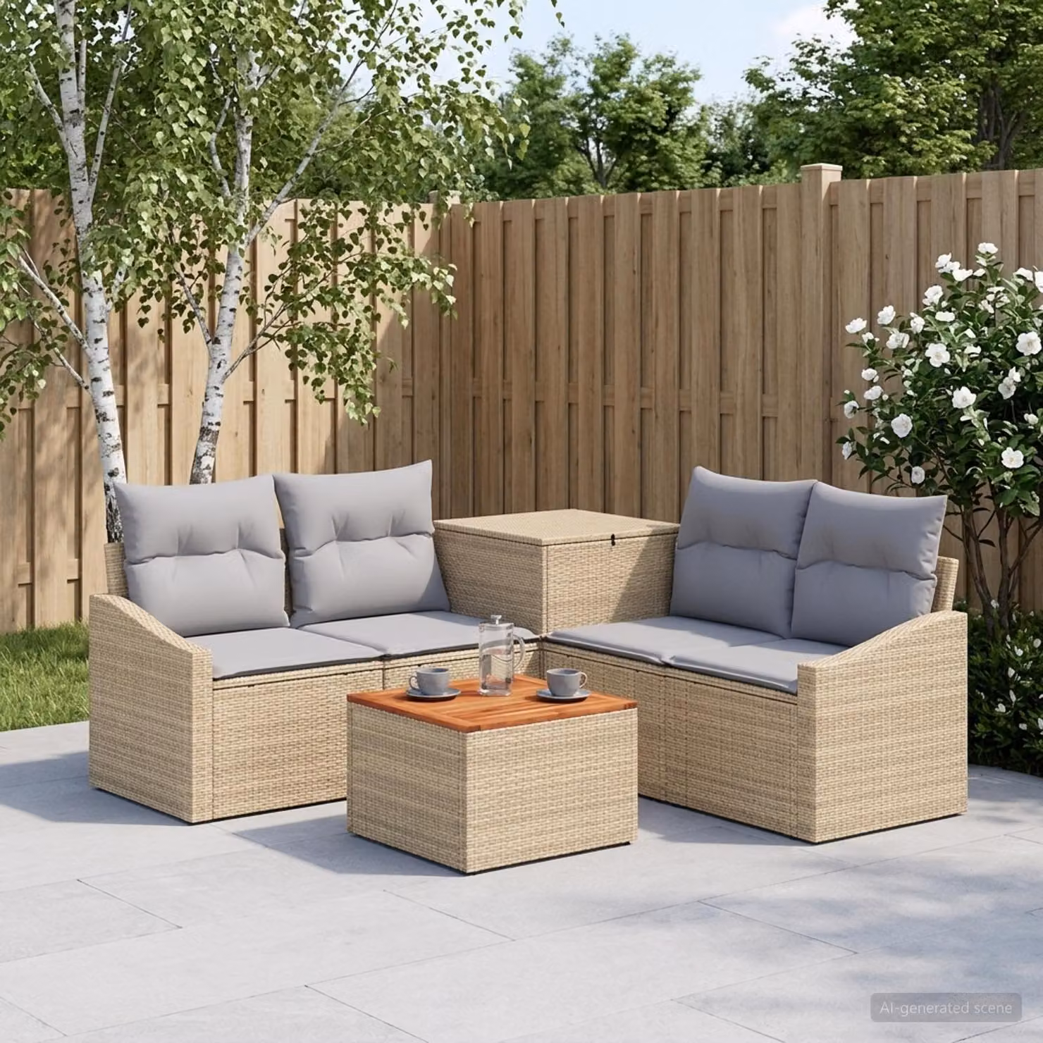 Set di divani da giardino vidaXL in polyrattan con forma a L, colore beige e grigio, composto da 6 pezzi con tavolino da caffè e pouf coordinato