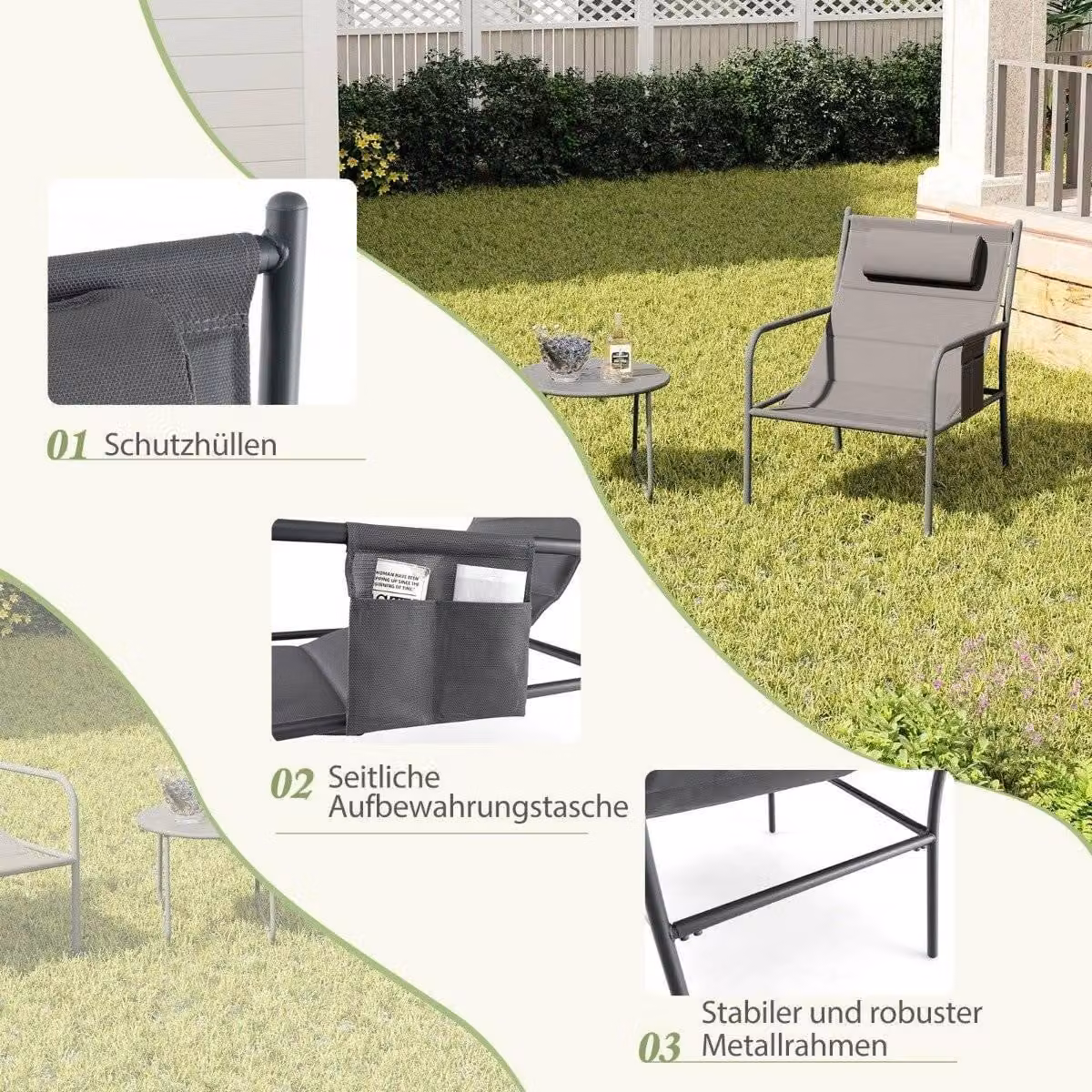 Set di mobili da balcone 3 pezzi. Set mobili da giardino con 2 sedie e tavolo set da balcone con seduta in tessuto traspirante grigio