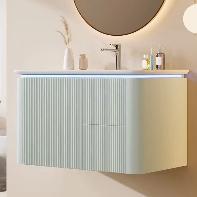 Mobile lavabo sospeso 80,5x47,5x51 cm verde, verniciato completo con struttura verticale. Lavabo integrato, cassetti silenziosi antiurto, luce LED sensore radar