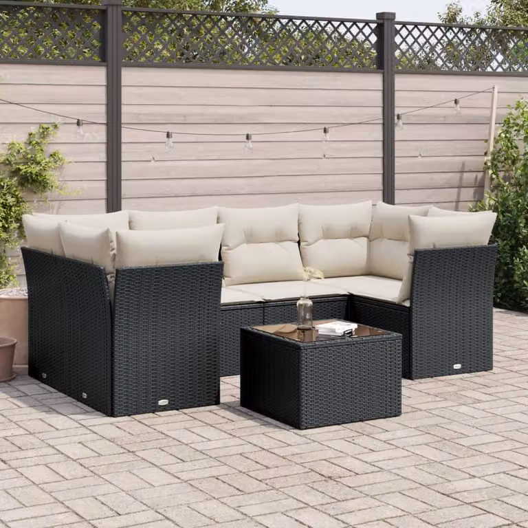 Set Divani da Giardino vidaXL a Forma di L con Cuscini e Tavolino Nero in Polyrattan