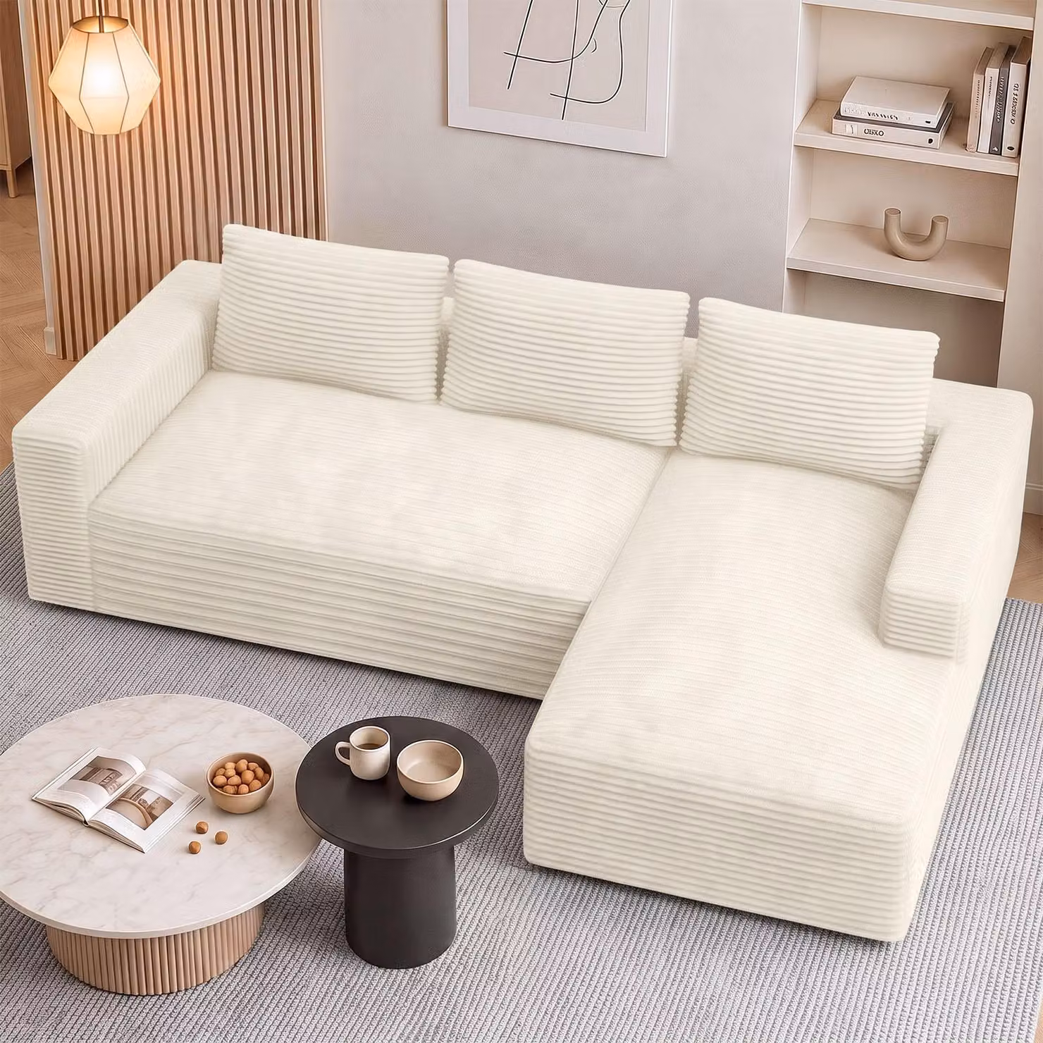 Divano angolare a L modulare da 240 cm in velluto a coste - moduli combinabili a piacere - molle insacchettate - rivestimento sfoderabile - portata di