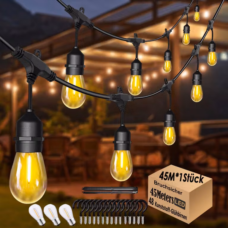 Catena luminosa a LED, 45 metri, attacco E27, grado di protezione IP65, impermeabile, 48 lampadine