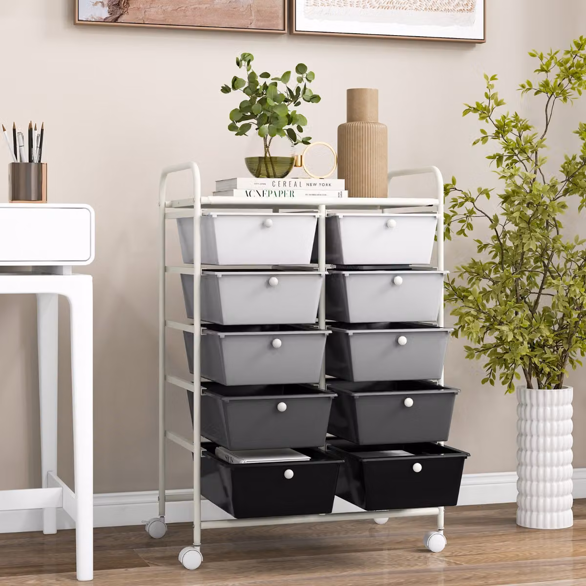 Carrello organizzatore multiuso Costway con 10 cassetti e ruote, ideale per ufficio e scrapbooking, Bianco e grigio