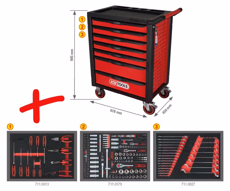 KS TOOLS Carrello da officina Racingline nero/rosso con 7 cassetti e 215 utensili premium - 826.7215