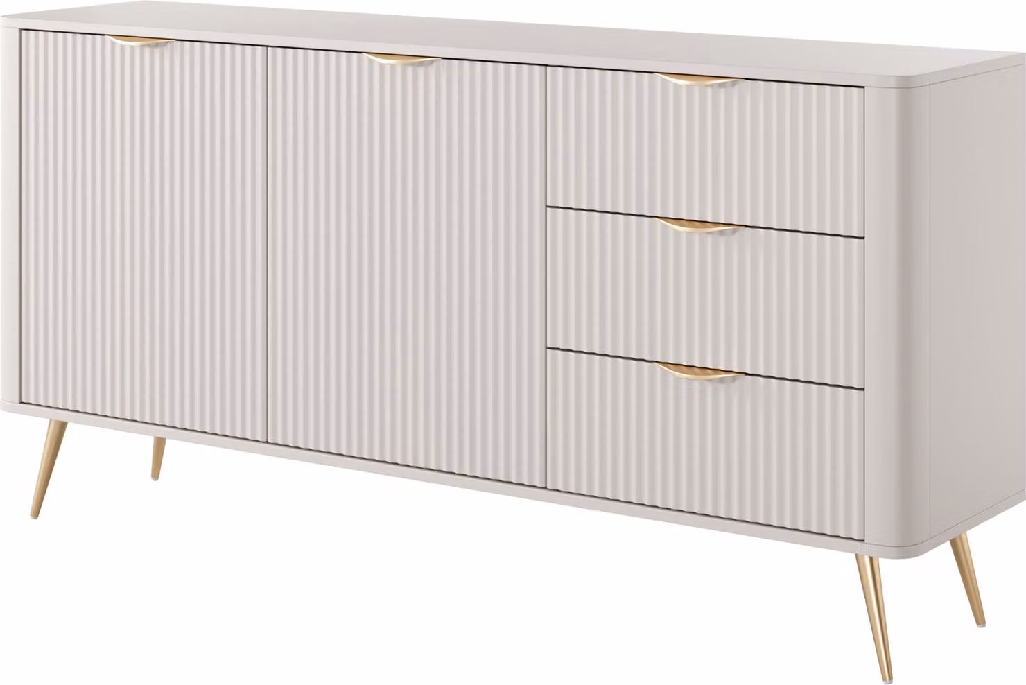 Comodino: 3 cassetti, 2 ante, finitura in cachemire, gambe dorate, dimensioni: 163 cm di altezza, 81 cm di larghezza, 38 cm di profondità