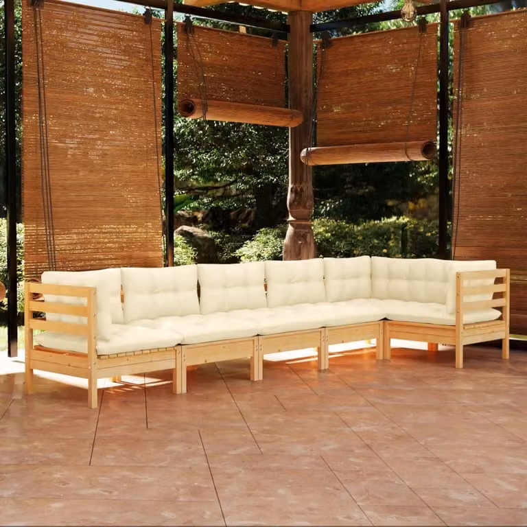 The Living Store Set da giardino da 6 pezzi con cuscini crema in legno di pino