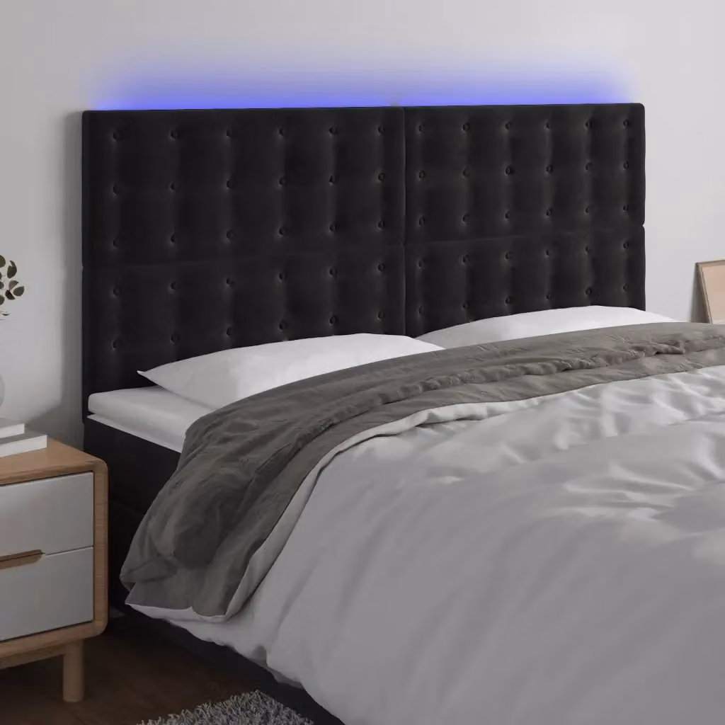 Testata del letto moderna in velluto nero con illuminazione LED integrata e porta di ricarica USB L: 200 cm, P: 5 cm, H: 118/128 cm – 2