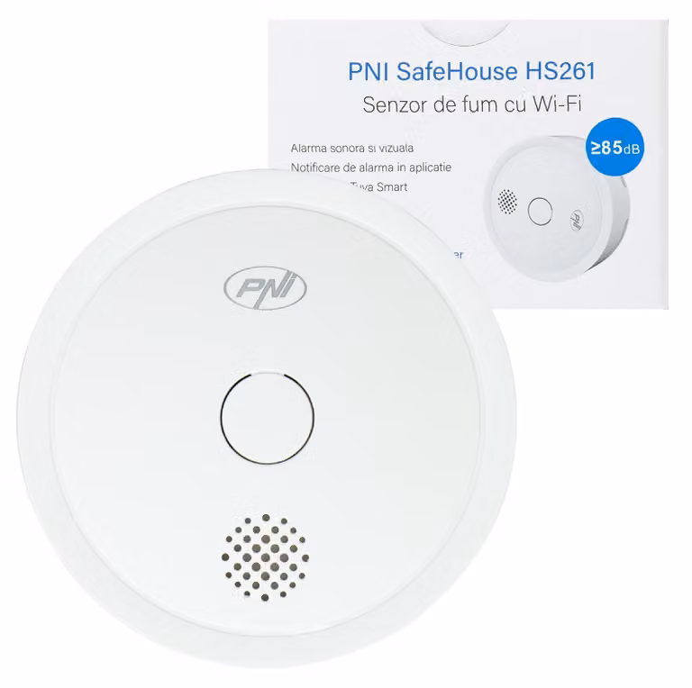 Sensore di fumo PNI SafeHouse HS261 con Wi-Fi, controllabile tramite l'app Tuya Smart, alimentazione a batteria da 3V, allarme acustico e visivo da 85 dB, allarme silenzioso