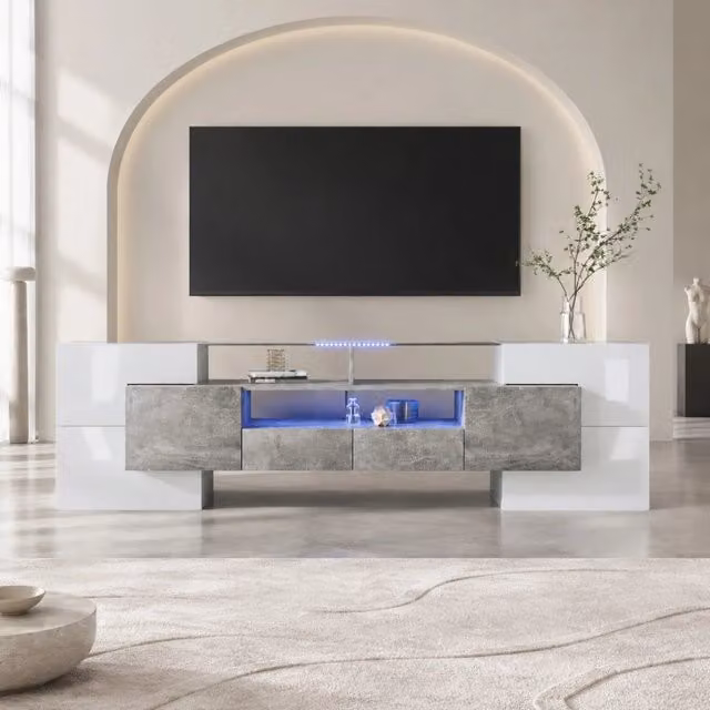 Mobile TV 200x35x60 cm bianco e grigio in MDF, 6 ante e LED