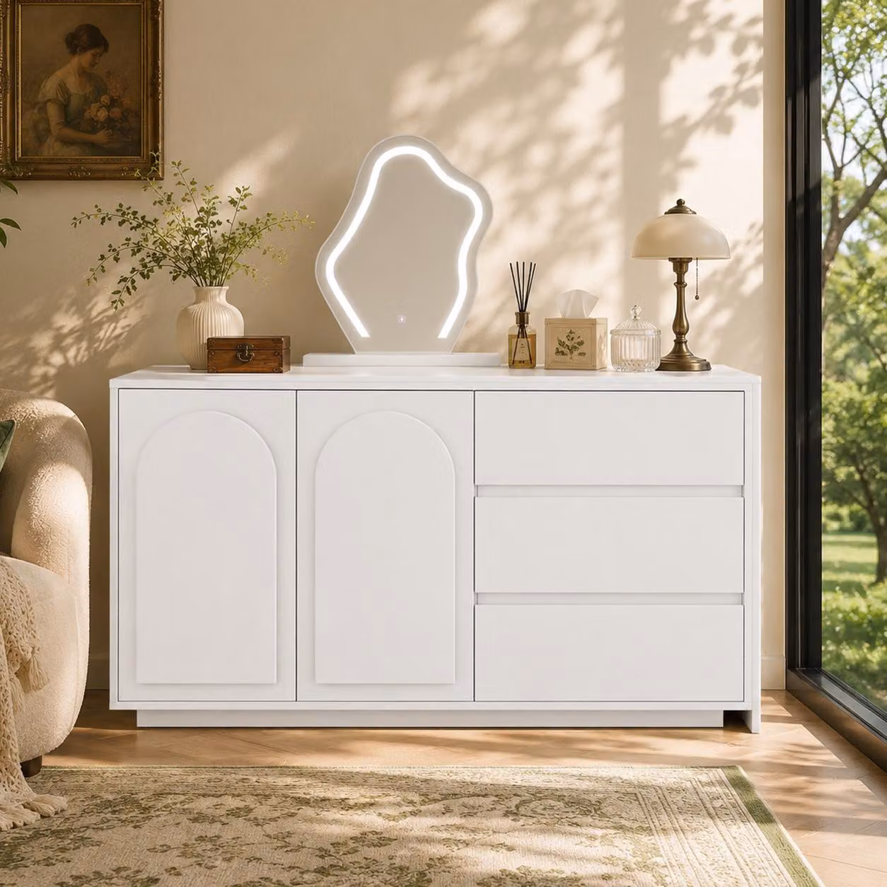 Comò da trucco con specchio a LED e piano, comò con cassetti e scomparti, comò da trucco illuminato, 140x75x40 cm, bianco, in legno truciolato