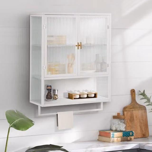 Mobile contenitore sospeso con 2 ante in vetro scanalato ripiano aperto e portasciugamani bianco 60 × 23 × 78 cm