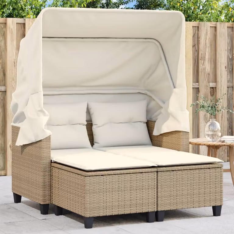 Set Divano da Giardino a 2 Posti con Baldacchino e Sgabello vidaXL, Colore Beige e Bianco, Struttura in Metallo e Polyrattan con Cuscini Inclusi