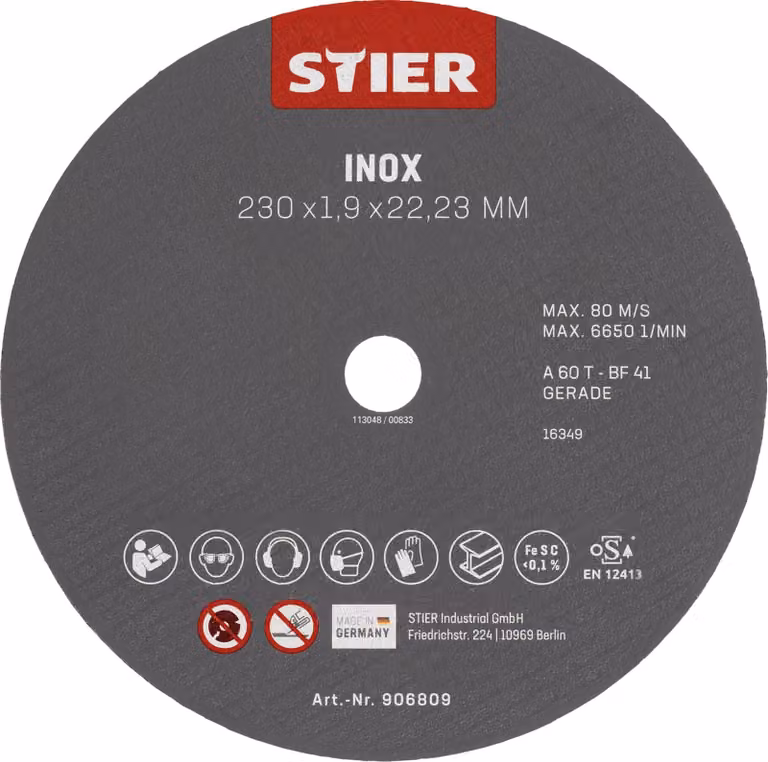 STIER Disco da taglio 230 x 1,9 x 22,23 diritto Inox/acciaio inossidabile