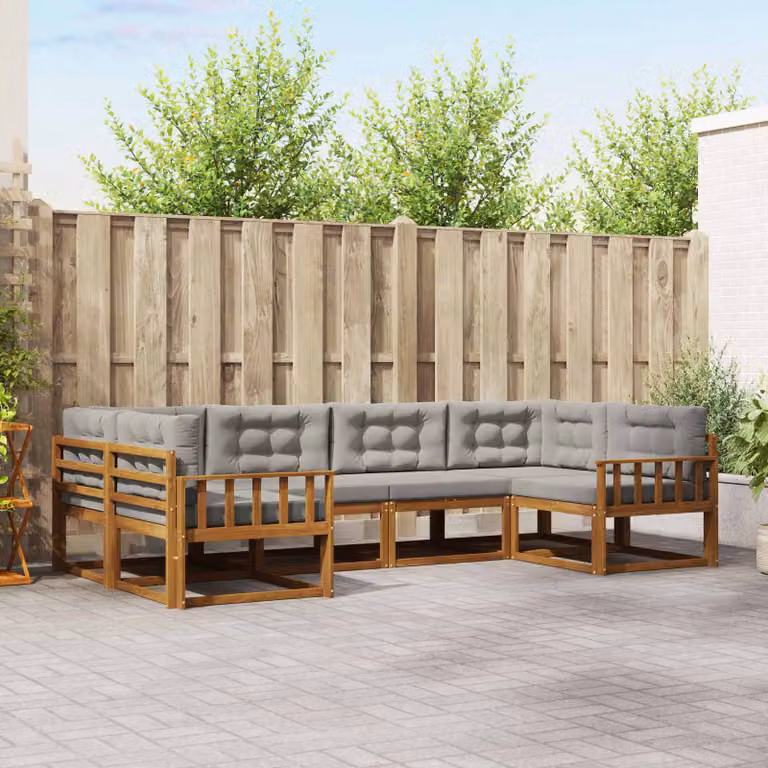Set di divani da esterno vidaXL a forma di L in legno di acacia con cuscini grigi per giardino e terrazza