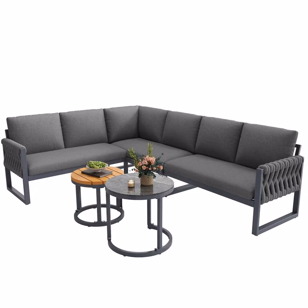 Set salotto da giardino modulare a forma di L con struttura in acciaio e cuscini in tessuto outdoor grigio – 2