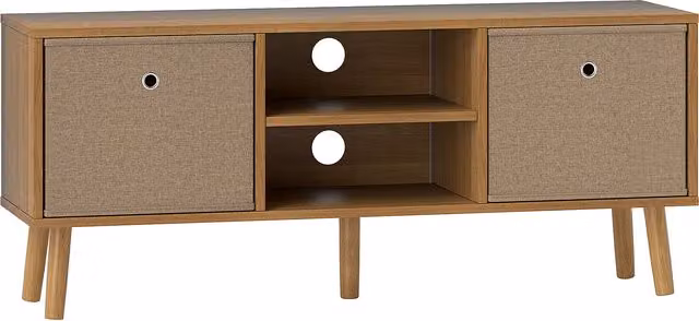 Mobile TV HOMCOM in legno marrone con 2 cassetti in tessuto e ripiani aperti per televisori fino a 50 pollici, L 110 x P 29 x H 46,5 cm