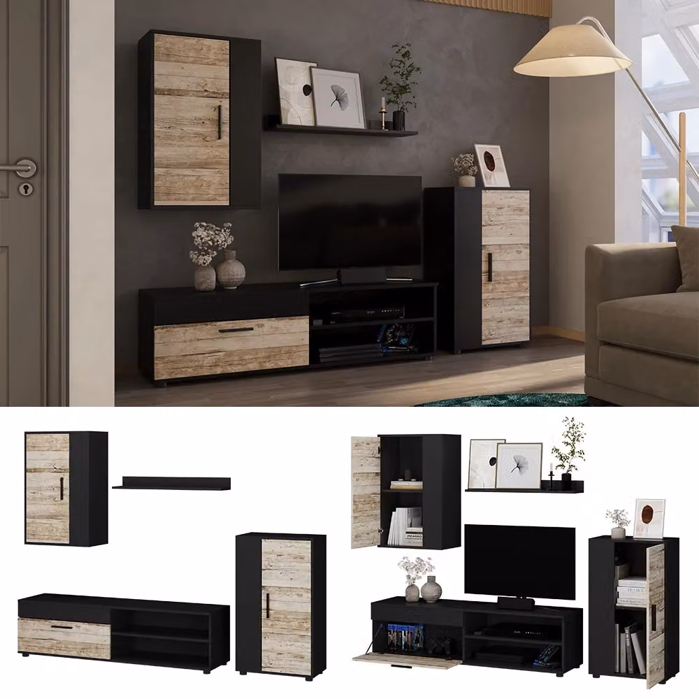 Parete attrezzata Vicco Berno in rovere sabbia e nero, set di 4 pezzi per soggiorno con lowboard, pensili e mensole aperte – 2