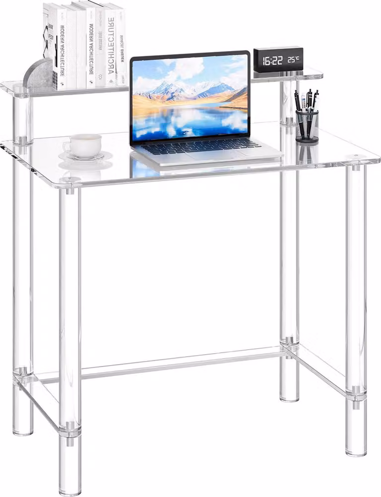 Scrivania in vetro acrilico - Scrivania per computer con supporto per monitor - Con 2 ripiani - Capacità di carico 60 kg - Dimensioni 50 x 80 x 88 cm - Trasparente