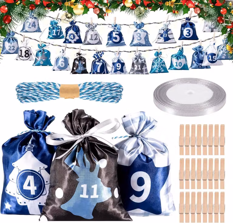 Calendario dell'Avvento da riempire personalmente - 24 sacchetti di stoffa a tema natalizio per creare il proprio calendario dell'Avvento - Calendario di Natale - Sacchetti regalo natalizi
