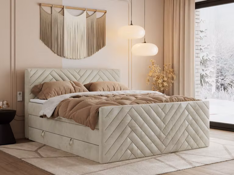 Letto boxspring MKS MEBLE 200x200 con contenitore e materasso H3 - Paris King Duo - Velluto beige