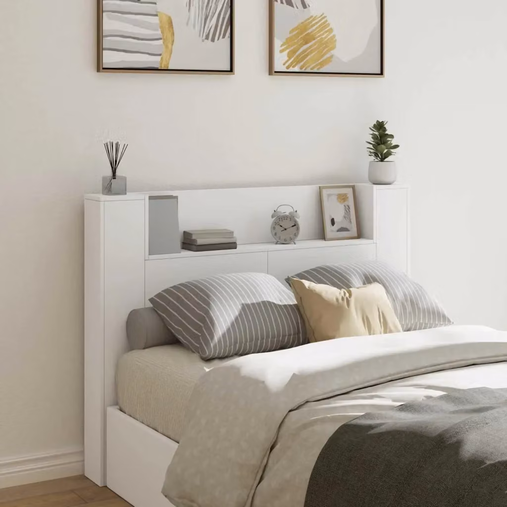 Testiera Design In moderna in legno multistrato bianco con illuminazione integrata e mensola, L 140 x P 16,5 x H 103,5 cm – 2