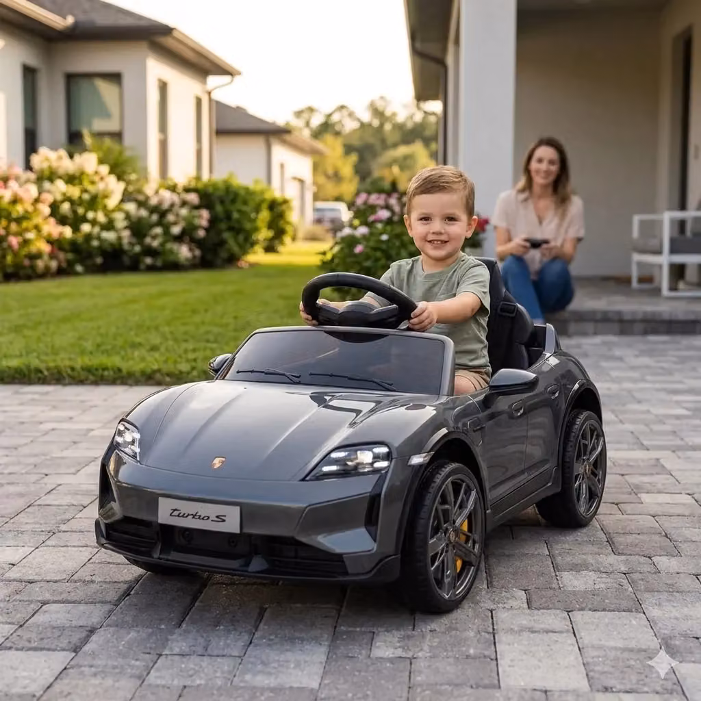 Macchina Elettrica per Bambini Porsche Taycan Turbo S 12V con Telecomando Bluetooth e Luci LED Nero – 2