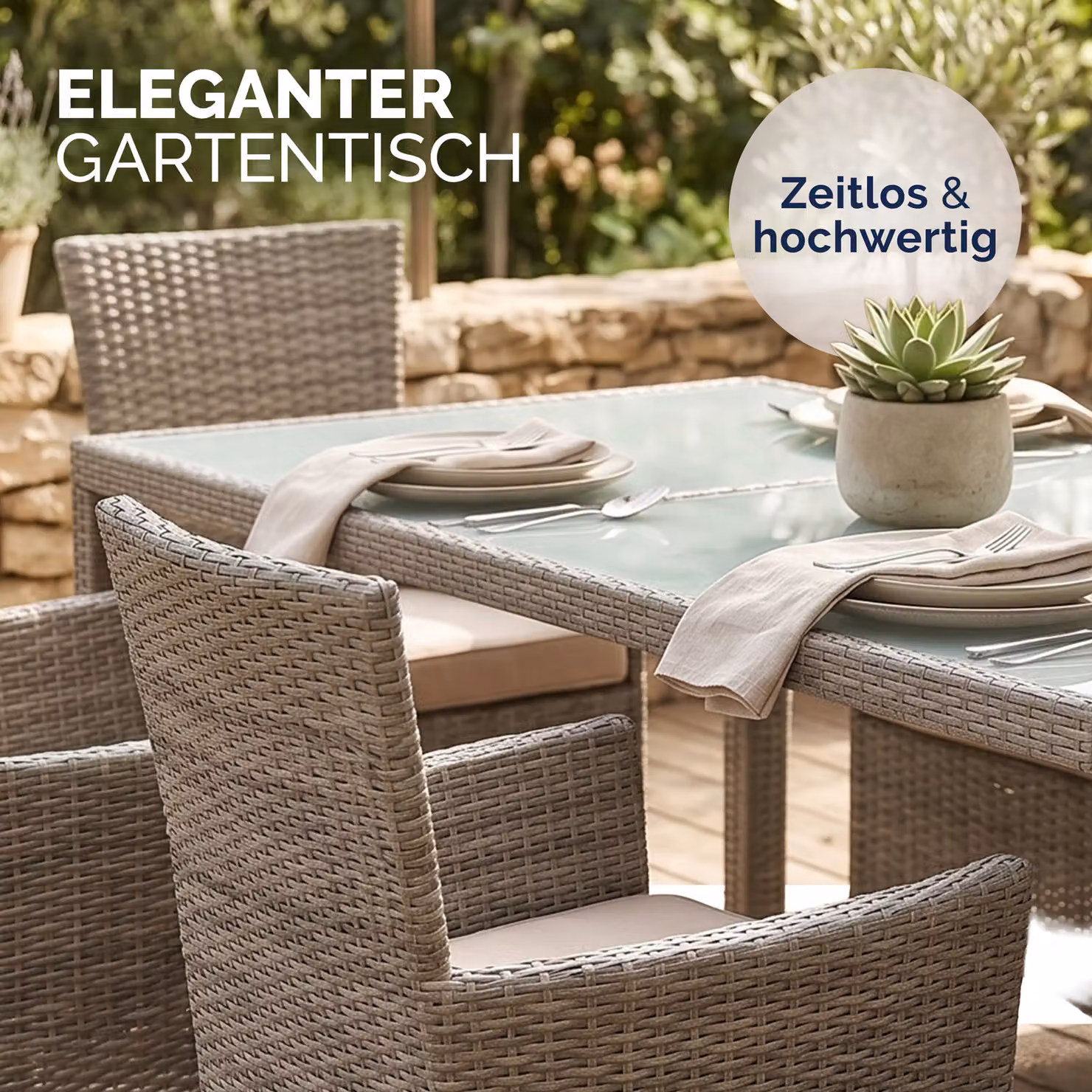 Tavolo da pranzo rettangolare Casaria in polyrattan beige con piano in vetro, regolabile in altezza e resistente ai raggi UV, L: 190 cm, P: 90 cm, H: 75 cm – 2