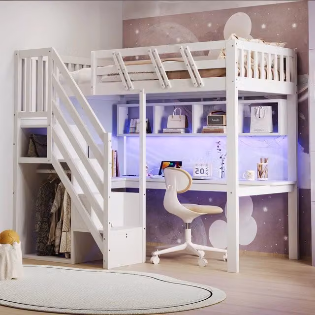 Letto a Soppalco in Legno Massello con Scrivania, LED e USB ¨C MINIMAL ¨C Singolo 90x200 Bianco