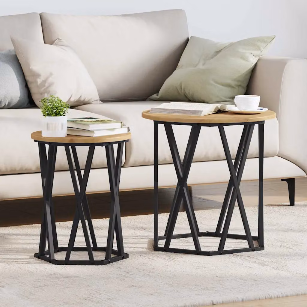 Set di 2 tavolini da salotto moderni vidaXL in legno e metallo, colore rovere e nero, forma rotonda