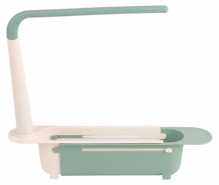 Ripiano portaoggetti per lavello a scomparsa, lunghezza regolabile, grande capacità, in PP, organizer espandibile per lavelli da cucina, colore verde