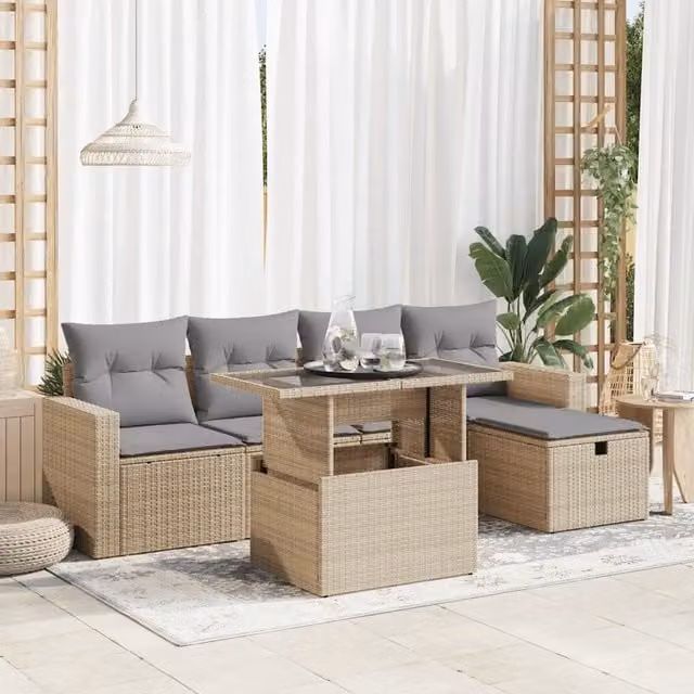 Set Divano da Giardino 6 pz con Cuscini Beige in Polyrattan 3327809