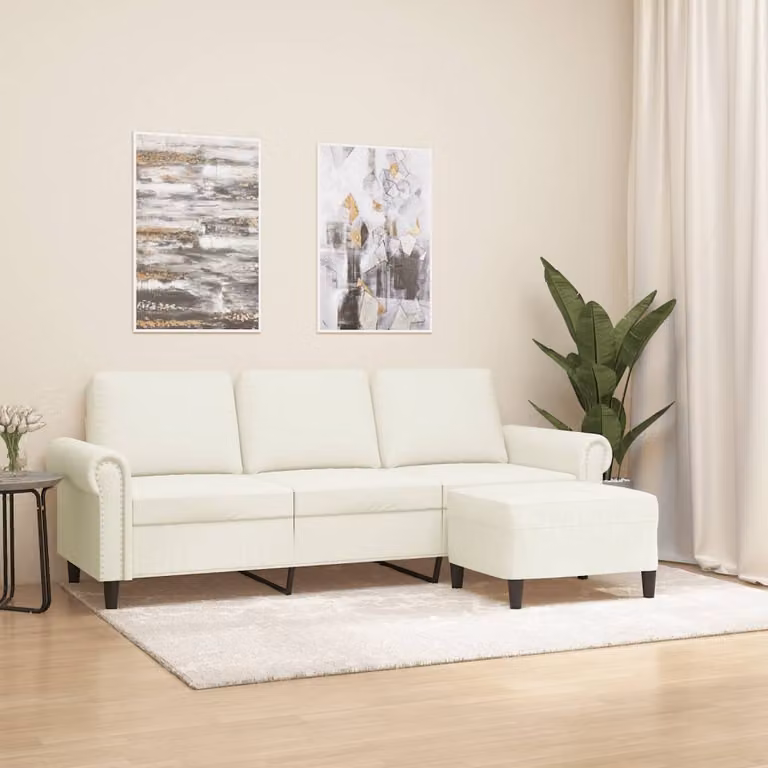 vidaXL Divano a 3 Posti Moderno in Velluto Beige con Poggiapiedi Coordinato L: 212 cm, P: 80 cm, H: 77 cm