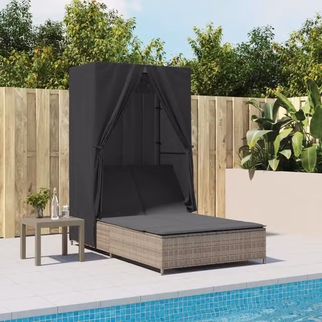 Lettino Prendisole Doppio vidaXL in Polyrattan Grigio con Tetto e Poggiatesta Regolabile – 1