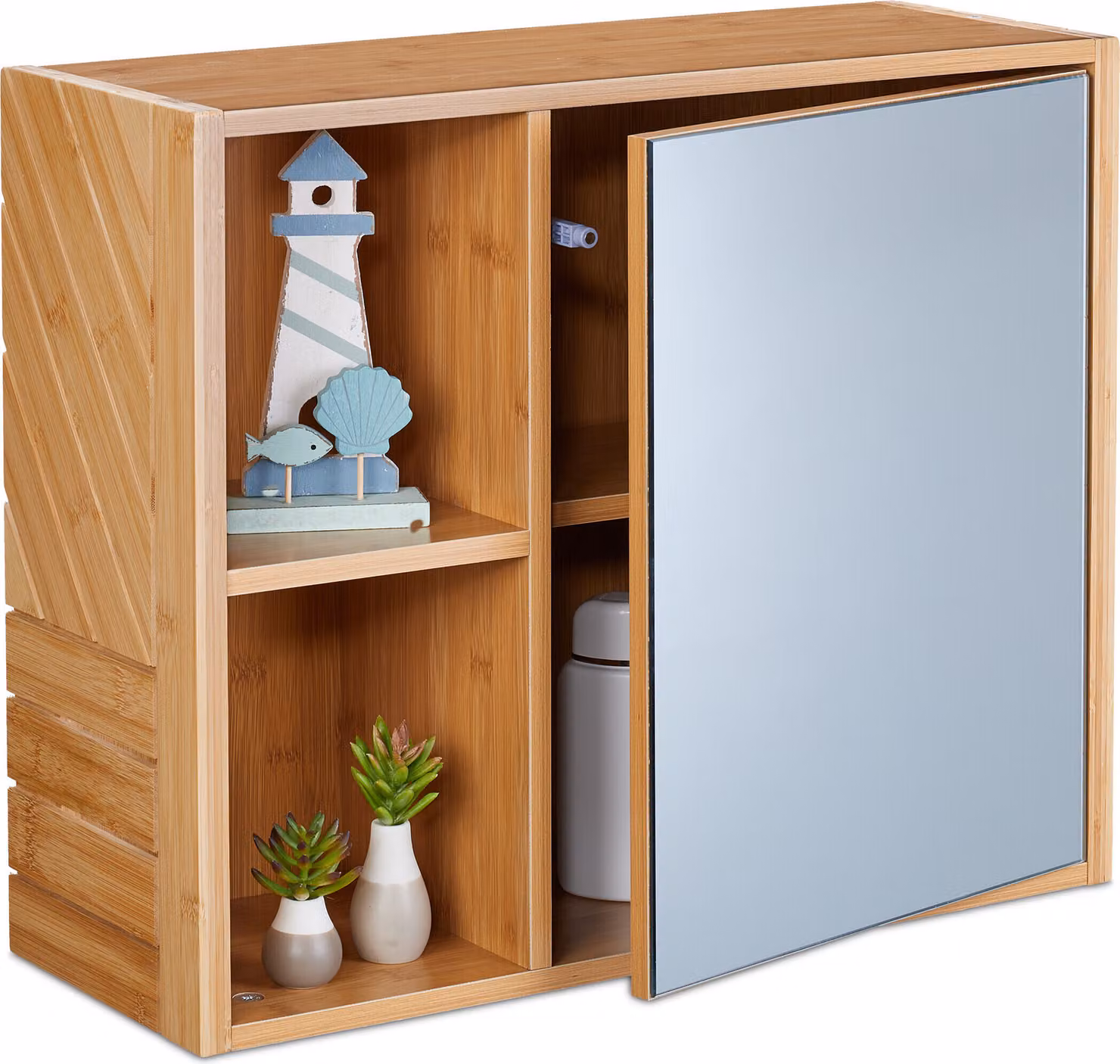 Armadietto a specchio Relaxdays, 2 ripiani aperti, con anta a specchio, A x L x P: 45 x 54,5 x 20 cm, mobile da bagno sospeso, color naturale