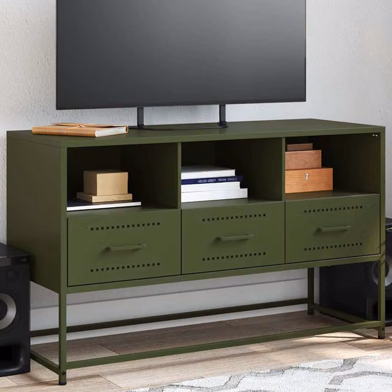 Mobile TV vidaXL in metallo verde oliva con ruote L/P/H: 100,5 x 39 x 60,5 cm