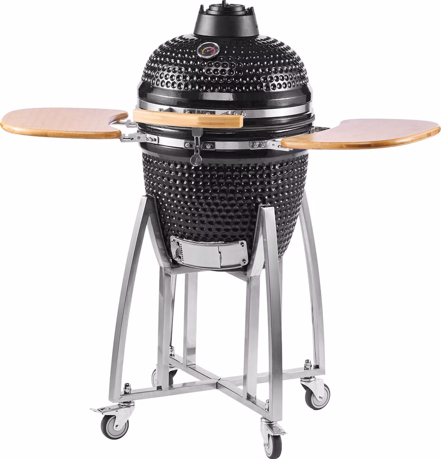 SucceBuy griglia in Vetroceramica Kamado, affumicatore Ø 450 mm, con maniglie in legno, ripiani laterali pieghevoli, struttura in metallo con rotelle e termometro fino a 400°C, flusso d'aria regolabile in alto e in basso, ideale per BBQ, grigliate, cottur
