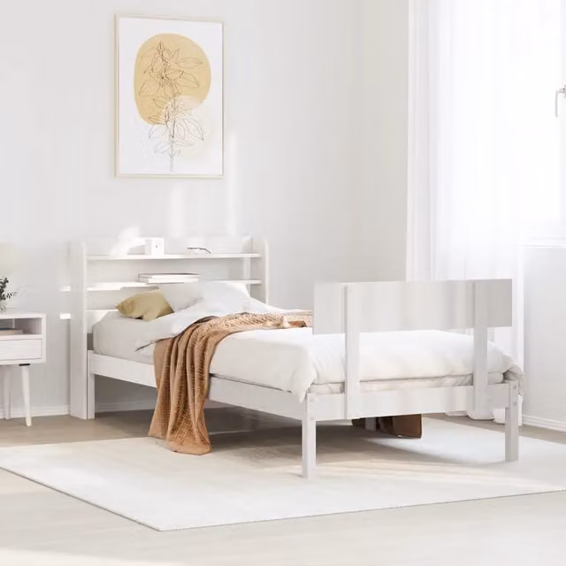 Letto singolo vidaXL in legno massello di pino bianco con doghe in legno, stile rustico, L/P/H: 222.5 x 90 x 82 cm