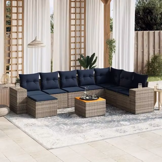 Set Divani da Giardino 9 pz con Cuscini Grigio in Polyrattan 3225585