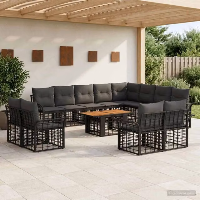 Set Divano da Giardino a L vidaXL con Tavolino e Cuscini, Polyrattan Nero e Grigio